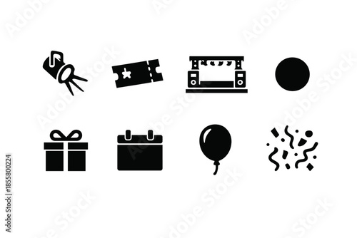 Black silhouette icons for party, celebration, and entertainment events: spotlight, ticket, stage, gift, balloon, and confetti symbols