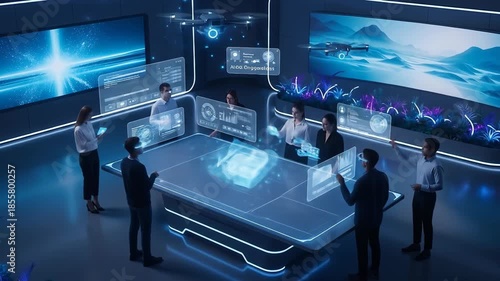 Wallpaper Mural Business Meeting, Professionals, Futuristic Workspace, Digital Interaction, Virtual Environment, Collaborative Approach Torontodigital.ca