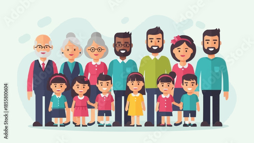 Diverse multi-generational family group portrait illustration.