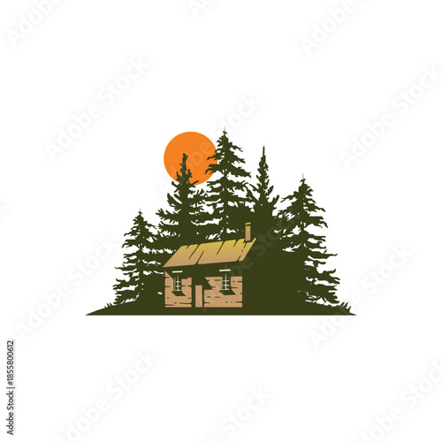 Cozy cabin nestled among tall pine trees under orange sunset