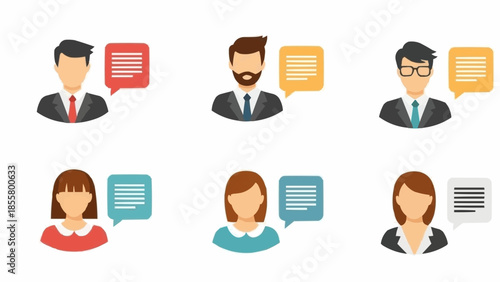 Diverse people communicating with speech bubbles icons.