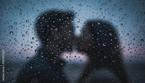 Rain-Kissed Romance: Blurred Couple Shares an Intimate Moment Behind a Wet Window on a Moody Day, Evoking Love and Connection.
