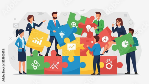 Diverse team collaborating on a large puzzle with business icons.