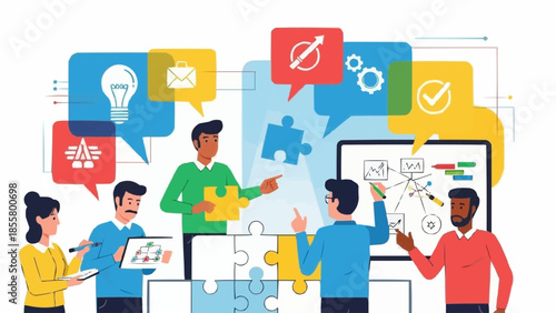 Diverse team collaborating on a project with puzzle pieces and idea bubbles.