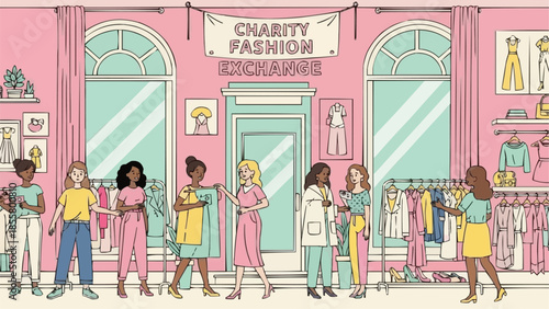Diverse group of women shopping at a charity fashion exchange event.