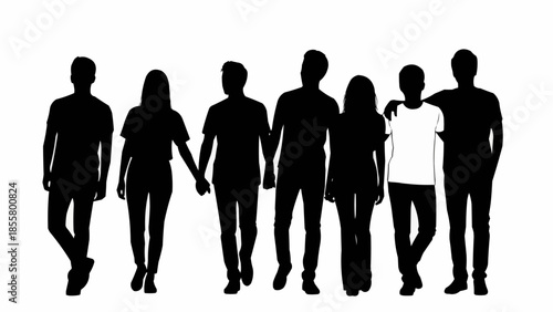 Diverse group of young adults standing together in silhouette.