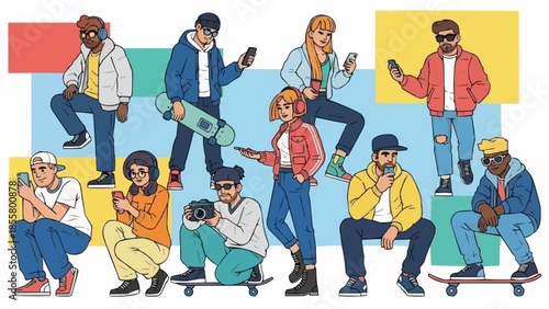 Diverse group of young people using smartphones and skateboards.
