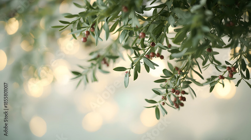 Mistletoe adorned with delicate berries and soft, lush leaves is suspended from above, creating a serene festive background with gentle green and cream tones, as soft bokeh lights dance around it