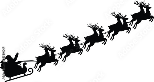 Silhouette of Santa Claus flying in his sleigh pulled by reindeer, creating a classic Christmas night scene perfect for festive holiday designs and seasonal decorations.