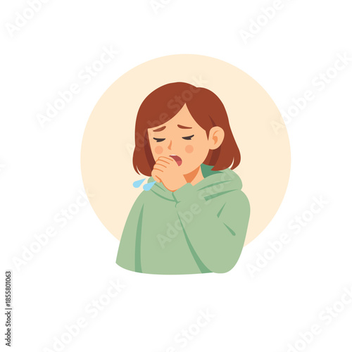 Sick Girl Coughing with Hand Covering Mouth, Flat Vector Illustration