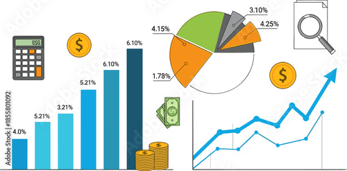 Financial analysis infographic, bar chart, pie chart, line graph, money icons, calculator, data visualization, business performance, economic report design