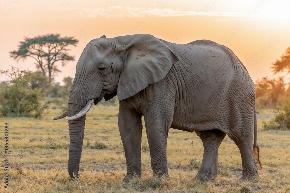 Fototapeta premium A majestic African elephant standing in a dry, grassy savanna during the golden hour. 