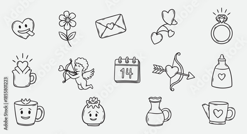 Minimal Hand Drawn Valentine Icons Emoji Style Vector Set