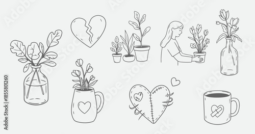 Hand Drawn Healing Love and Broken Heart Valentine Vector Set