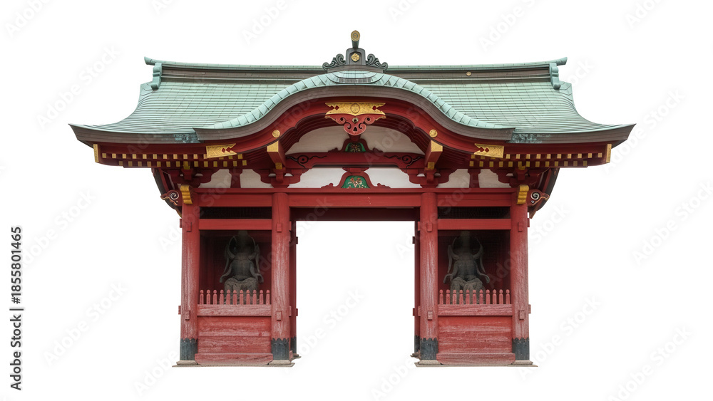 Fototapeta premium Isolated ornate Japanese torii gate, temple entrance with weathered roof, red and gold accents