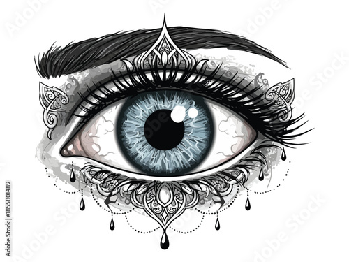 Intricate Eye Design with Elegant Tear Drops and Patterns