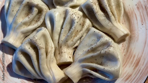 CloseUp Dumpling On Ceramic Plate, Textured Folds And Seasoning Visible, Pepper Specks And Soft Light Emphasize Pleats And Dough, Intimate Foodie Angle Ideal For Recipe Or Blog Content,