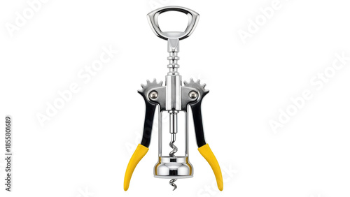 Isolated wing corkscrew with yellow grips for opening wine bottles in a restaurant bar