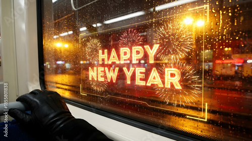 Happy New Year Message on a Rainy City Tram Window with Fireworks Graphics and Street Lights
