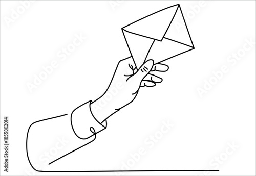 Hand holding an envelope in a simple line drawing style vector