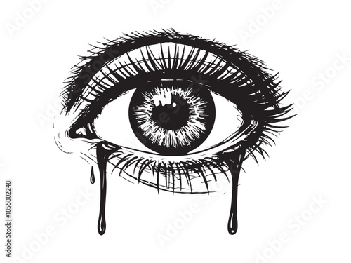 Striking Black and White Eye Illustration with Tears