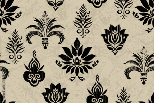 Ethnic abstract ikat fabric artwork with seamless patterns, combining tribal, indigenous and Mexican embroidery with Aztec geometric motifs. Ideal for rugs, wallpapers, throws, fabrics and clothing.