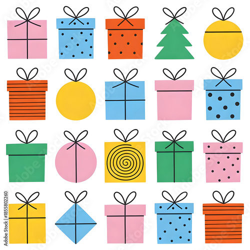 Colorful gift boxes with various patterns and shapes