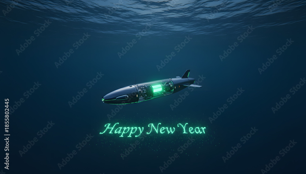 Fototapeta premium Futuristic Submarine in Deep Ocean with Glowing Happy New Year Text Celebration Background