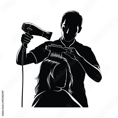 Hairdresser styling woman's hair with hairdryer and comb silhouette