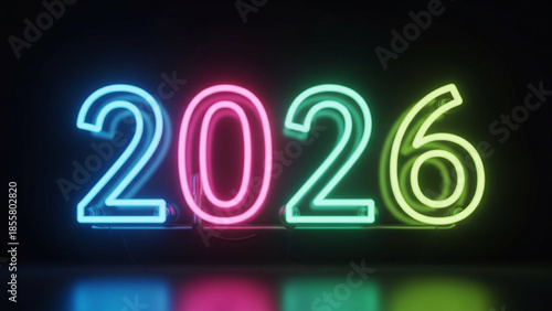 Neon sign displaying colorful 2026 numbers on dark background with reflections