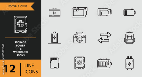 Storage, power, and workflow line icons for digital devices and data management
