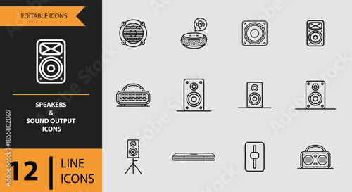 Collection of editable line icons for speakers and various sound output devices