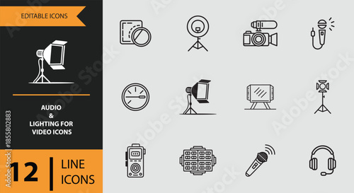 Essential line icons for video production featuring audio and lighting equipment