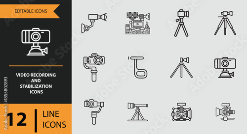 Versatile line icon set for video recording, camera equipment, and stabilization tools