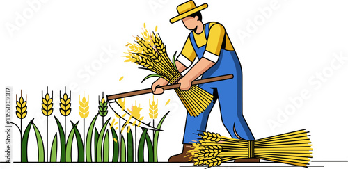 Wheat harvesting illustration, cartoon farmer with sickle, yellow hat blue overalls, agricultural field scene, crop collection, rural labor concept