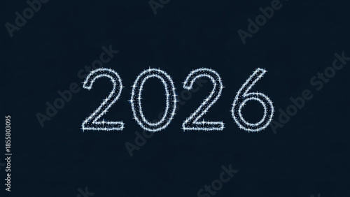 Sparkling white 2026 text on dark background for new year's eve celebrations and future concepts