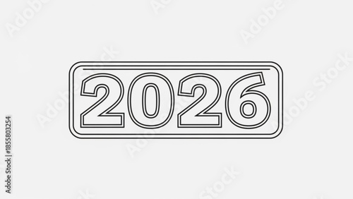 Futuristic year 2026 label with modern outline design and bold typography on clean white background for business and technology concepts