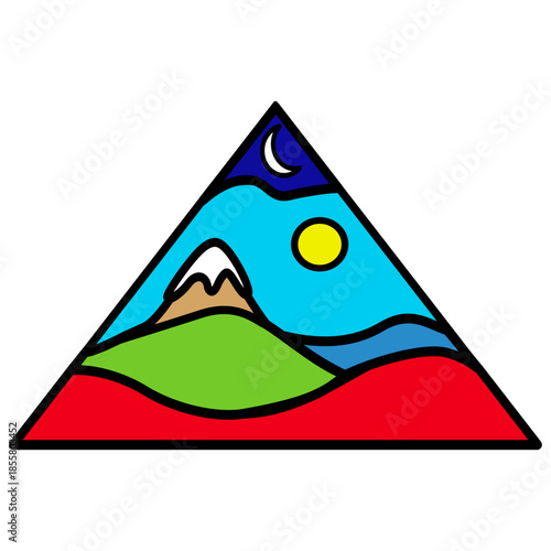 Land, sea, and sky within a triangle. Vector illustration. Vibrant colors.
