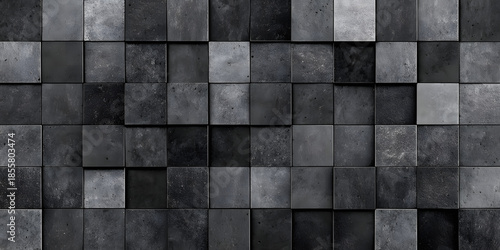 An industrial concrete wall surface features an abstract grey square pattern, creating a seamless background texture. This modern design provides a rough, geometric appeal.