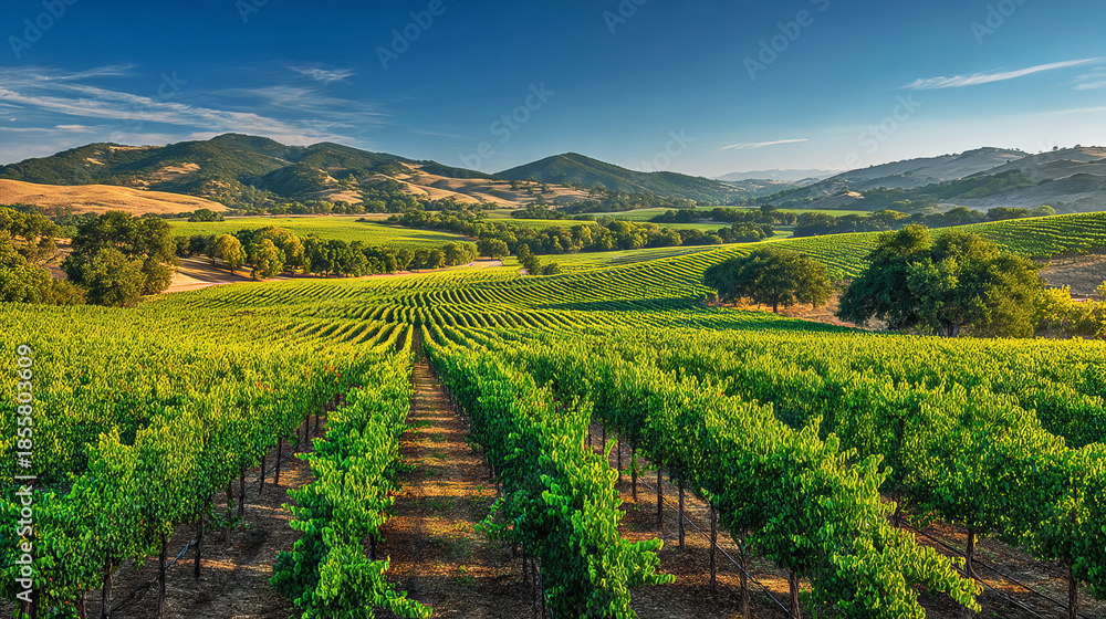 Obraz premium Serene Vineyard Landscape Under Clear Skies with Lush Green Vines