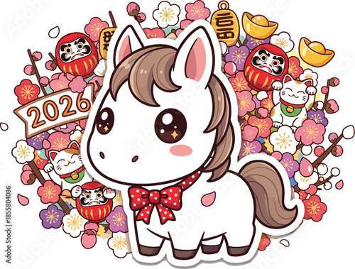 Chibi Year of the Horse 2026 vector illustration with cute white horse Daruma dolls Maneki-neko and plum blossoms.