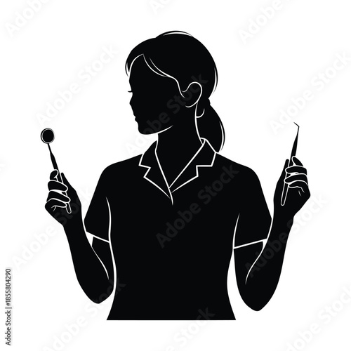 Female dentist holding dental tools silhouette on transparent background, dental care and health concept