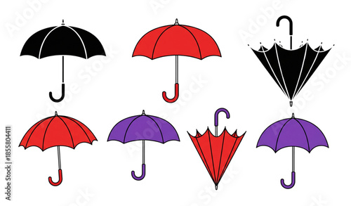Umbrellas folded and opened vector icon set with black red and violet parasols isolated on white background