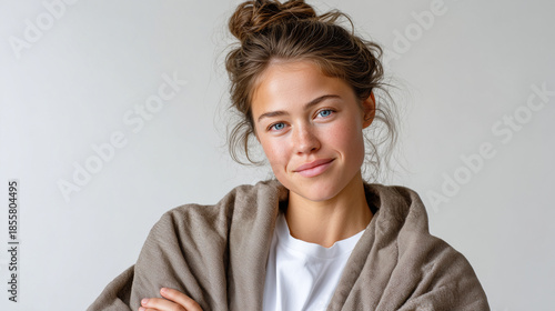 Natural portrait of young woman in cozy cardigan, soft daylight on neutral background