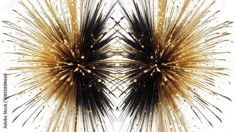 Obraz premium Symmetrical burst of dark and gold, resembling fireworks, against a white background. Sparks and lines radiate outwards