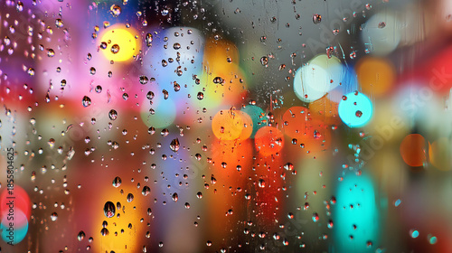 Abstract Rainy Window with Blurred Colorful Lights in Background