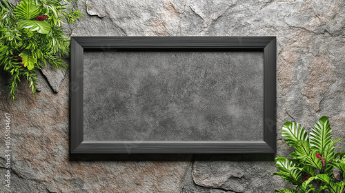 Black Matte Frame on Textured Stone Background with Greenery