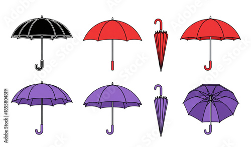 Parasol umbrella vector illustration set with folded and open designs isolated on white background