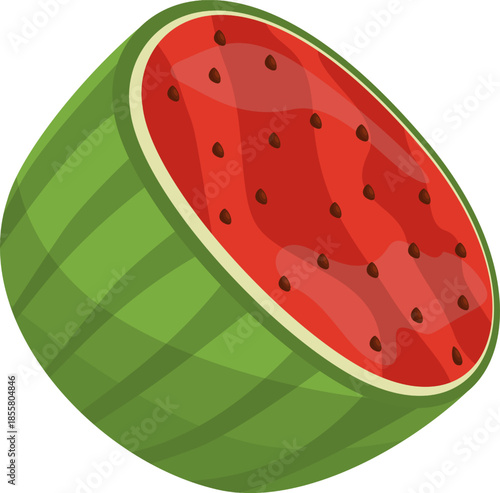 Half watermelon with red flesh and black seeds fresh and juicy.
