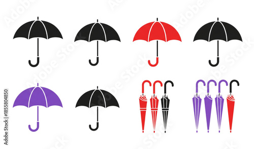 Flat umbrella vector icons with folded and open parasols in black red and violet isolated on white background